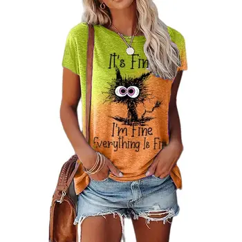 2023 Noua Moda pentru Femei T-shirt Casual de Vara Scurte Gât Rotund Maneca Top Animal Print Model Pisica Fierbinte de Vânzare Cămașă Femei
