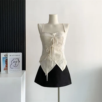 Femei Vintage Lace Mozaic Camis Lega Design Bretele 2023 Moda Noua Arc Alb Maiouri Fete Fierbinti Asimetric Vesta