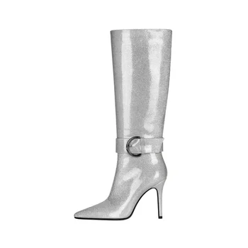 2023 Ascuțite stilet cizme Cavaler spectacol de Moda cizme de moda Argintie din piele de brevet cizme înalte M6166