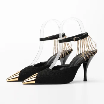2023 Primăvară Nouă de Pantofi pentru Femei Negru Sexy Degetul Ascutit de Aur de Fier la Picior Lanț Împletit Stiletto Pantofi Singur Un Cuvânt Catarama Sandale