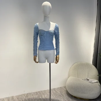 2023 Sosire Noi de Calitate de Top de Iarna Elegante Slim Manșon de Puf de Nori Pătrat Albastru Guler Mozaic Ruched Bluza pentru Femei