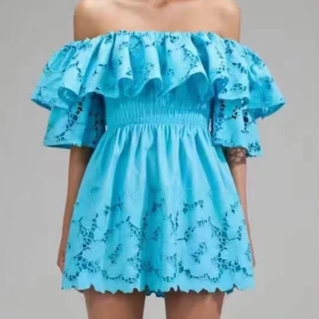 2023 Vară De Moda Pentru Femei Albastru Solid Hotsweet Fairycore Slash Gât Maneca Fluture Dantela Rochii Mini