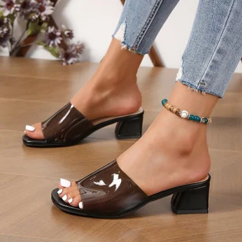 2023 Vânzare Fierbinte Transparent pentru Femei Papuci Deschide Degete Pantofi de Culoare Solidă Doamnelor Square Toe cu Toc Papuci de casă Zapatos De Mujer