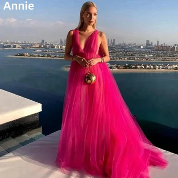 Adânc V Tul Rochii de Bal Roz Vestidos De Fiesta Elegantes Para Mujer 2023-O formă de Pământ Lungime Rochie de Partid Ziua de nastere