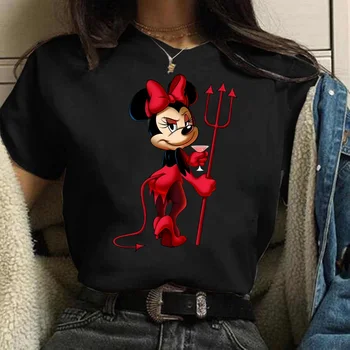 Amuzant Kawaiii Minnie Mouse Tricou Femei Disney Tricou Y2K Topuri de Moda de sex Feminin Negru T-shirt Streetwear Maneca Scurta, Haine