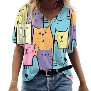 Anime Cat de Imprimare Femei T Shirt 2023 Moda Harajuku Haine V-neck Supradimensionate Maneca Scurta Feamle Casual Bluza Streetwear