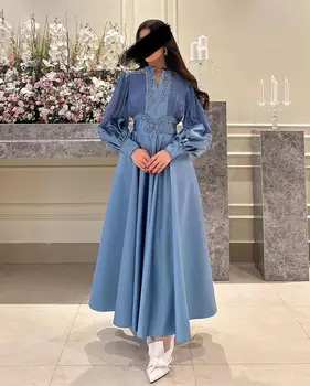 Arabia Saudită Femeile în Rochii de Seară Albastru Prăfuit Baghete Plisate Lungime de Glezna Formale Rochie de Ocazie Rochie de Bal