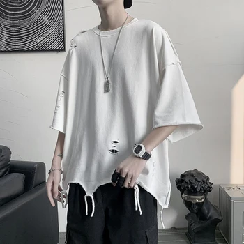 Bumbac Gaură Neregulată Cerșetor Tinuta De Vara Tricou Pentru Bărbați Supradimensionate Maneci Scurte Gât O Japoneză Casual Coreeană De Moda De Îmbrăcăminte