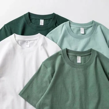 Bărbați Femei tricou Verde 200g de Bumbac cu mânecă Scurtă Sus coreean T-shirt Verde de Bumbac Gros Jumătate maneca Tricou Unisex