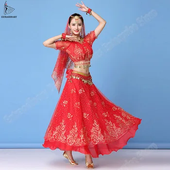 Dansul Din Buric Sari Costum Bollywood Rochie Sari Indian Fusta Set Top+Curea+Fusta Tinuta Sifon Monedă Femeie Fete Haine