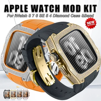 De lux Diamant Mod Kit Pentru Apple Watch Seria 8 7 45 mm Ramă de Metal Caz Pentru iWatch SE 6 5 4 44mm Banda de Cauciuc Modificarea Kit