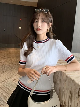 De înaltă Calitate Vară Noi de TB cu Maneci Scurte T-shirt Femei coreene Ediție Contrast Dungi de Matase de Gheață Knit Short Round Neck Top Trendy