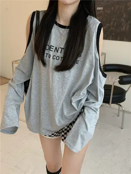 Deeptown Kpop Stil coreean de Pe Umăr Gri T-shirt Femei Y2k Scrisoare Supradimensionate Maneca Lunga Tricouri Harajuku Streetwear Topuri Largi