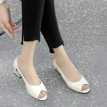 Din Piele moale de Culoare Solidă Sandale Femei Vară Simplu Nou Gură de Pește Gol cu toc Confortabil Pantofi pentru Femei