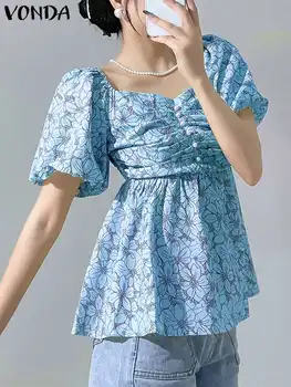 Femei Bluza de Plaja Tricouri Imprimate 2023 VONDA Moda Vintage Maneca Scurta Puf de Moda Sqaure Gât Topuri Boem Blusas Supradimensionat