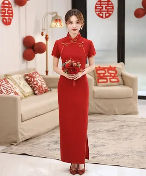Femei Elegante Rochii Din China Roșie Sexy Mireasa Nunta Qipao Epocă Mandarin Guler Lung Petrecere De Seara Cheongsam