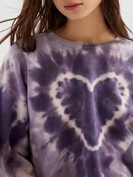 Femei Inima Tie Dye Imprimare Tricou Maneca Lunga Echipajul Gât Y2k Pulover Topuri