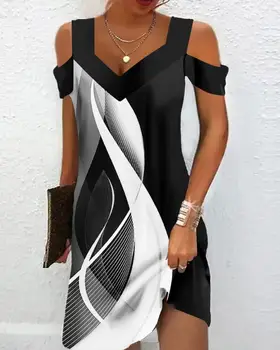 Femei Rochie de Vara 2023 Noua Moda Abstract Print de Culoare de Potrivire Rece Umăr Rochie Casual Tricou cu Mânecă Scurtă Rochie a-Line