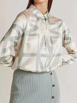 Femeile Liniare Geometrice Imprimate Tricou De Vara Noi, Nisip Spălat De Mătase Cu Mâneci Lungi Singur Cu Pieptul Sus Doamna De Turn-Down Guler Bluza
