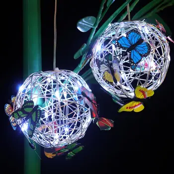 Grădină Agățat Lumina Solara Cu Balonul Rotund De Lumină Cu Fluture Metal Rezistent La Apă Țesut Lampă De Agățat Acasă Decorative Veioza