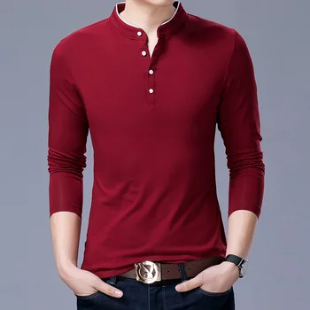 Haine de Brand 2023 toamna noua Men ' s stand guler slim Moda t-shirt casual de bumbac culoare Solidă maneca lunga tee