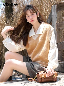 MISHOW Femei V-gât Tricotate Vesta 2023 Toamna coreean Galben fără Mâneci Contrast de Culoare Broderie Frunze de Topuri MXC42Z0104