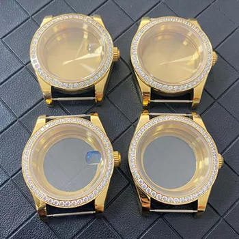 Noi Cristal, Bezel Aur din Oțel Inoxidabil Ceas Caz Safir Oglindă Solid/Transparent Înapoi Caz Acoperire 39mm pentru NH35 NH36 Circulație