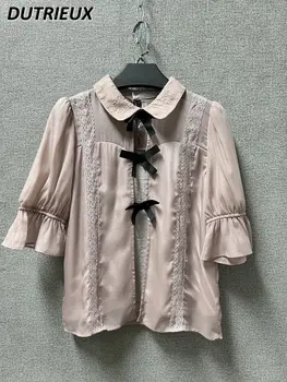 Originale japoneze, Lolita Rojita Arc Panglică de Mătase de Lumină și Moale Tricou de Vara pentru Femei Maneci Scurte Rever Bluze Bluza Feminin