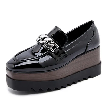Platforma negru Pantofi Pene 8cm Siver Lanț Square Toe Tocuri inalte Casual Femei Liane Primăvară Pantofi Bej Femme Pană