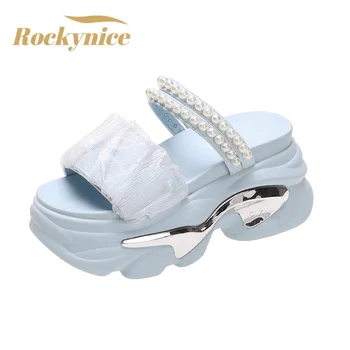 Platforma Perla Sandale Femei Vara Respirabil Pene de 8CM Tocuri inalte Doamnelor Cristal Papuci de Plaja Indesata Pantofi Sandalias Mujer