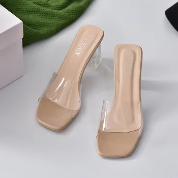 Sandale din PVC Jeleu Clar de Cristal Transparent, Papuci de Femei Pantofi de Mijloc Tocuri Confortabile Pantofi pentru Femei de Moda Catâri Diapozitive