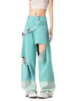 Stil American Vintage Rupt Y2k Blugi Largi Femei Streetwear Pantaloni Casual Fata Fierbinte Talie Mare pentru Femei Buton Lateral Pantaloni