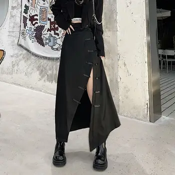 Talie Mare Personalitate Cheongsam Catarama Design Vintage Fantă A-Line Fusta Neagra Streetwear Harajuku Diablo Stil Jumătatea Vițel Fusta