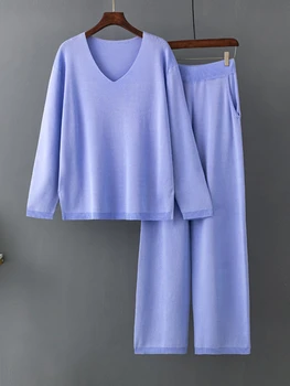 Toamna Pulover Femei din Două Piese Set Nou Elegant Solid Knit Casual Subțire V-Gât Pulover de Înaltă Talie Pantaloni Seturi pentru Femei 2023
