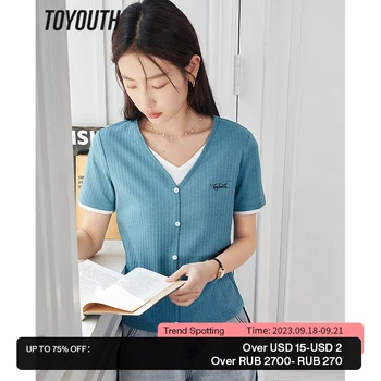 Toyouth Femei Fals Două Piese T-shirt 2023 Vara Short Sleeve V Neck Slim Stretch Tricot Teuri Cusaturi de Contrast Topuri Casual