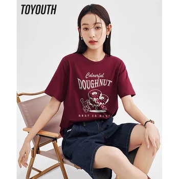 Toyouth Femei T-shirt 2023 Primăvară Maneci Scurte O Gât Vrac Teuri de Moda Grafic de Imprimare Cinci Culori din Bumbac Confort Maxim
