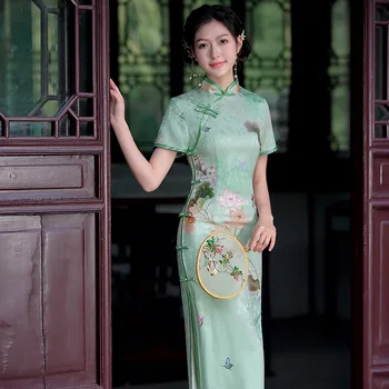 Vara Floral Verde Lung Îmbunătățit Cheongsam Elegant Dulce Performanță Tradițională Chineză Rochie de Seara Stil Qipao pentru Femei
