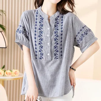 Vintage Stand Guler Pulover de Sus Tricou 100% Bumbac Vara de Îmbrăcăminte pentru Femei Grey Stripe Broderie de Imprimare neajutat T-Shirt
