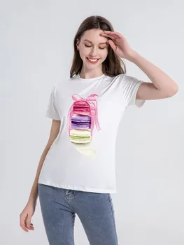 YRYT Noua Moda de Vara pentru Femei cu mânecă Scurtă Sus Macaron Roz Model Rotund Gat Culoare Bumbac cu mânecă Scurtă tricou Imprimat