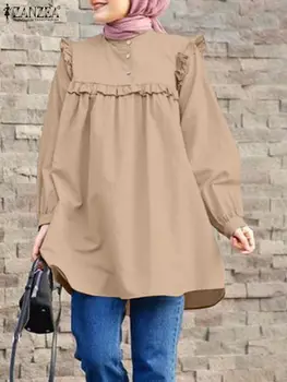 ZANZEA Musulman Moda Topuri Femei Maneca Lunga Bluza Volane Turcia Abaya Eid Mubarak Hijab Tricou Dubai Caftan Haine Islamice