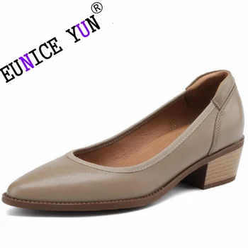 【EUNICE YUN】Nouă Primăvară/vară Pantofi Femei din Piele de Oaie Pompe a Subliniat de la Picior Toc Indesata Mocasini din Piele Pantofi pentru Handmade