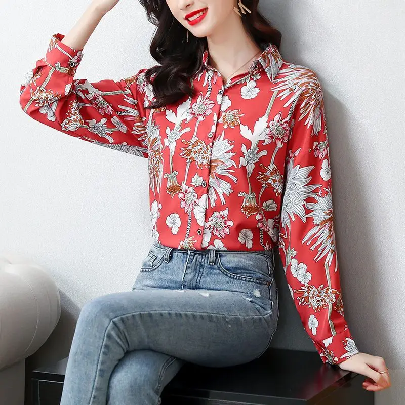 Subțire Intelectuală Îmbrăcăminte pentru Femei Guler de Turn-down Bluze Butonul de Imprimare de Moda Elegant Casual Primavara-Vara Temperament