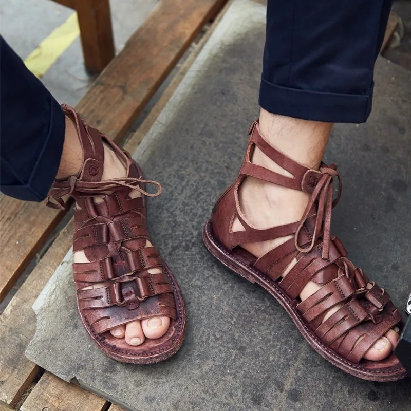 Manual Țese Vara Mens Sandale Brand Vintage Din Piele Pantofi De Plaja Plat High-Top Hollow Out Dantelă Sus Sandale Gladiator