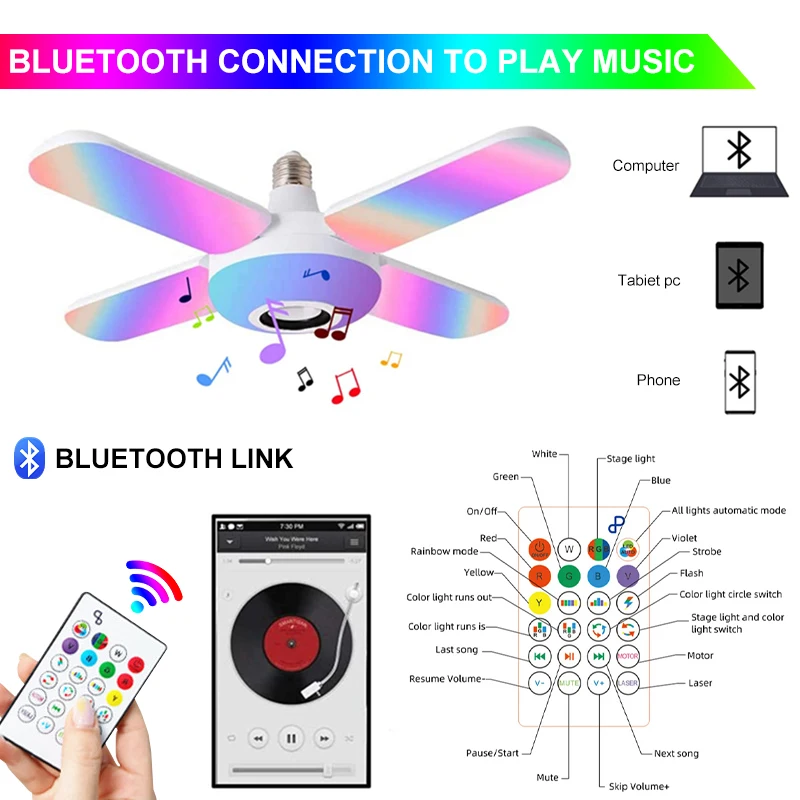 Plin de culoare LED E27 Bec Inteligent 4-Frunze de Lampa RGB Pliabil Bluetooth Speaker Bec Ritm Muzical Bec Cu Telecomanda Home Decor