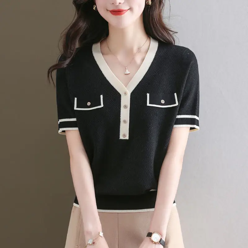 Elegant, Casual, de Culoare de Contrast Îmbinat V-Neck T-shirt de Vară de sex Feminin coreeană de Moda Subțire Maneci Scurte Culoare Solidă Pulovere Topuri