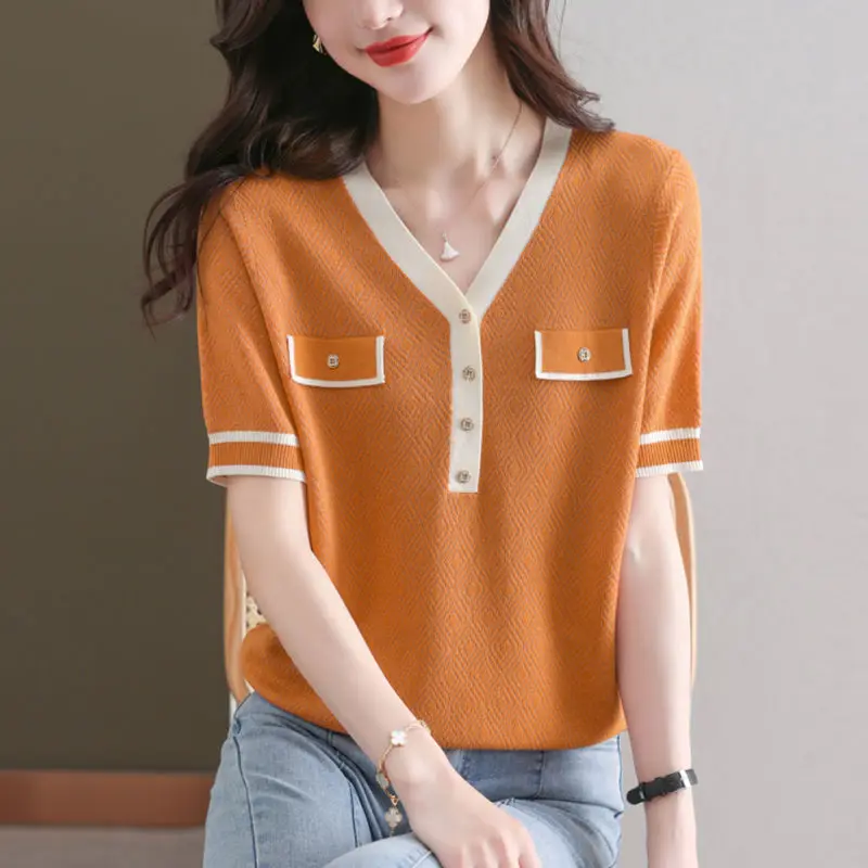 Elegant, Casual, de Culoare de Contrast Îmbinat V-Neck T-shirt de Vară de sex Feminin coreeană de Moda Subțire Maneci Scurte Culoare Solidă Pulovere Topuri