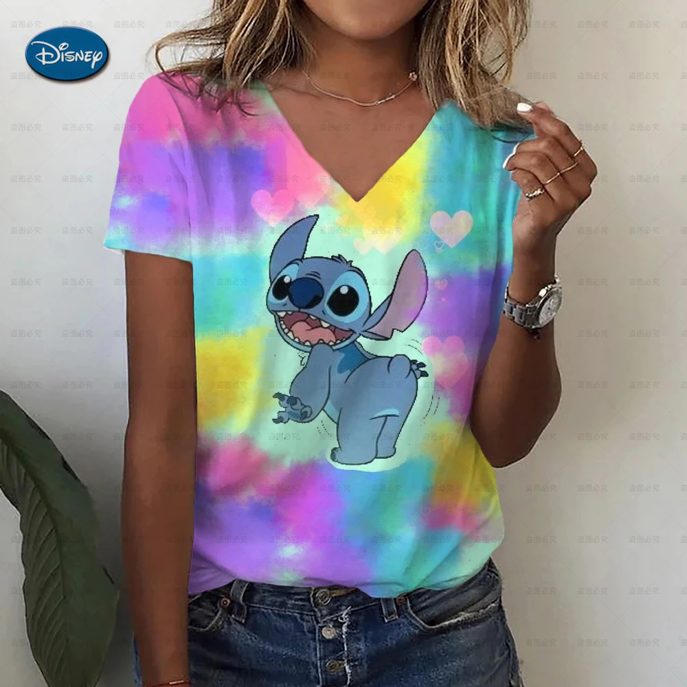 Noi Supradimensionate Gât Vrac Top Femei Casual de Vara T-Shirt 2023 Moda Disney Stitch Imprimare Pulover cu Mânecă Scurtă