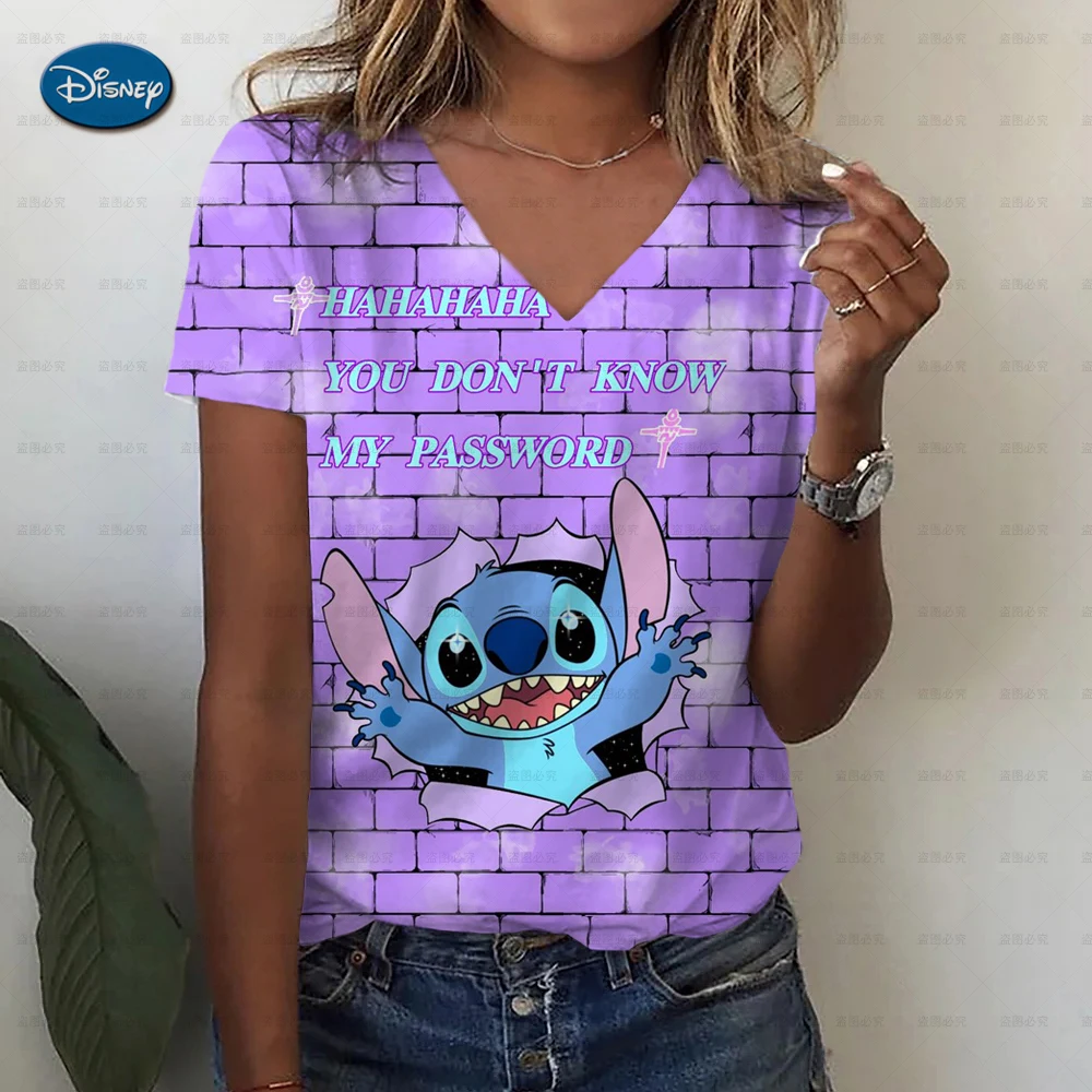 Noi Supradimensionate Gât Vrac Top Femei Casual de Vara T-Shirt 2023 Moda Disney Stitch Imprimare Pulover cu Mânecă Scurtă