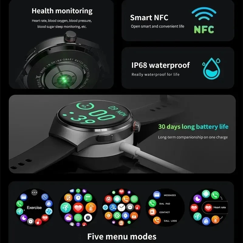 NFC Bluetooth Apel Inteligent Ceas Barbati Sport în aer liber de Fitness Brățară de Zahăr din Sânge Ceas IP68 rezistent la apa GPS Smartwatch Pentru Android