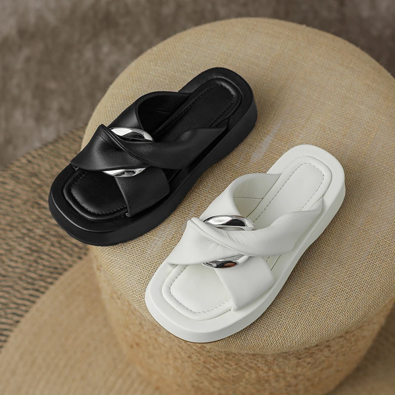 MORAZORA 2022 Noua piele de Oaie Solide de Femei Papuci de Metal Decor Plat Cu Tocuri Papuci de Moda Doamnelor Rochie de Vara Pantofi